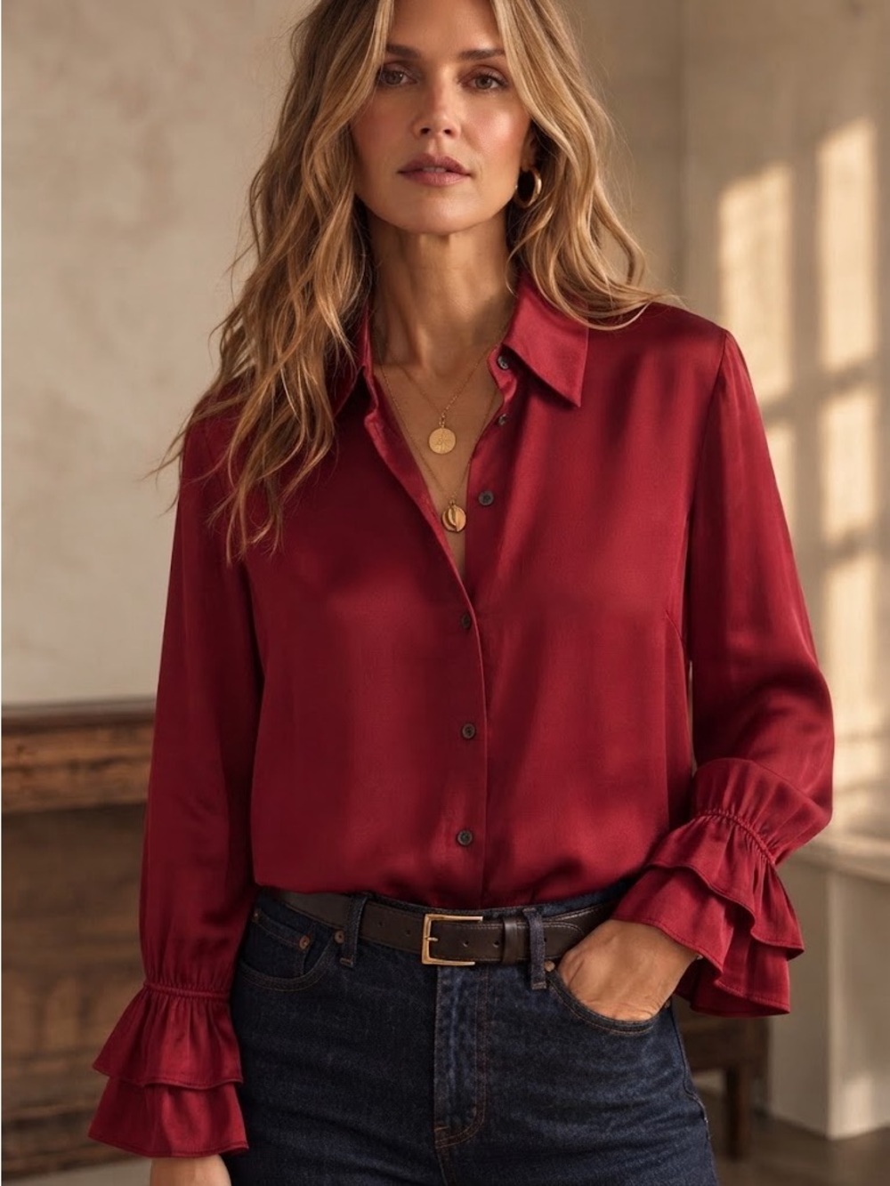 100% Silk Satin Button-Down Blouse in Wine Red-No size Tag